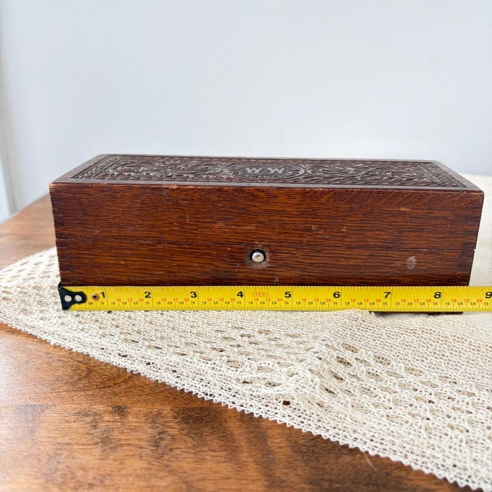 Antique Wheeler & Wilson Sewing Machine Carved Wood Accessory Box W&W Logo Decor